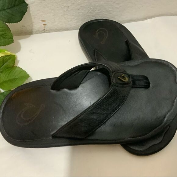 Olukai KUPUNA Men\'s Flip Flop Size 8 black leather top main image 7